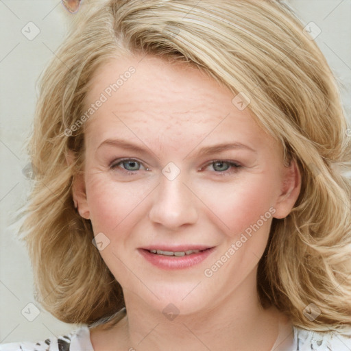 Joyful white young-adult female with medium  brown hair and blue eyes