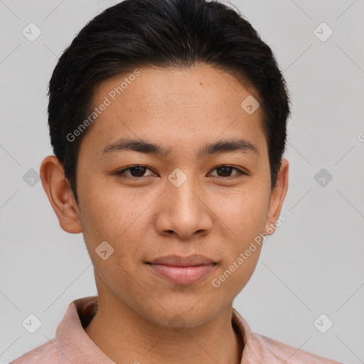 Joyful asian young-adult male with short  brown hair and brown eyes