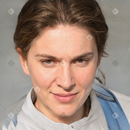 Joyful white adult female with medium  brown hair and blue eyes