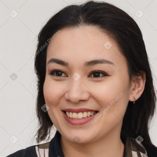 Joyful white young-adult female with medium  brown hair and brown eyes