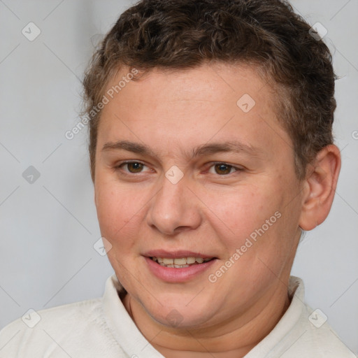 Joyful white adult female with short  brown hair and brown eyes