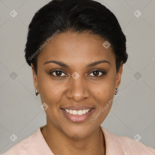 Joyful latino young-adult female with short  black hair and brown eyes