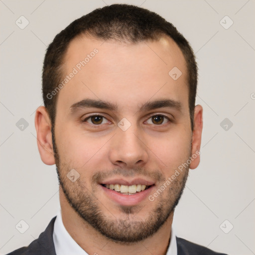 Joyful white young-adult male with short  brown hair and brown eyes