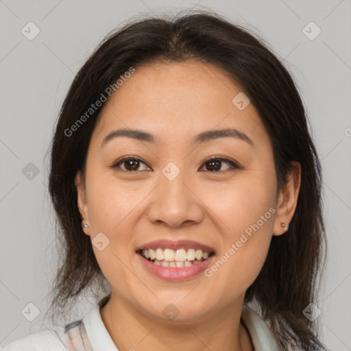 Joyful white young-adult female with medium  brown hair and brown eyes