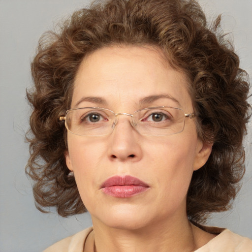 Joyful white adult female with medium  brown hair and blue eyes