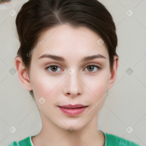 Neutral white young-adult female with short  brown hair and brown eyes