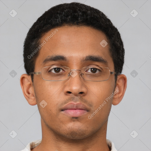 Neutral latino young-adult male with short  black hair and brown eyes
