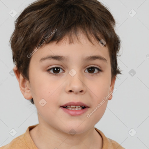 Joyful white child male with short  brown hair and brown eyes