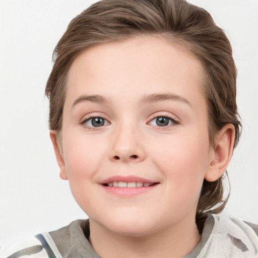 Joyful white child female with medium  brown hair and blue eyes