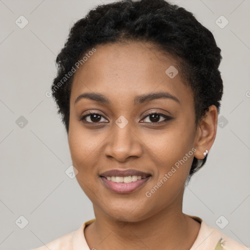 Joyful latino young-adult female with short  black hair and brown eyes