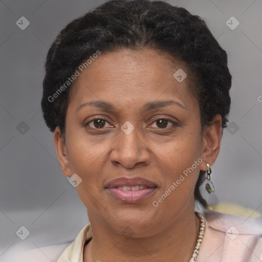 Joyful latino adult female with short  brown hair and brown eyes