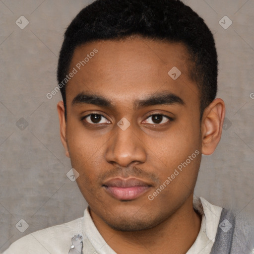 Neutral latino young-adult male with short  black hair and brown eyes