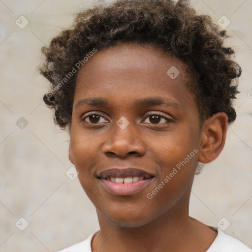 Joyful black young-adult male with short  brown hair and brown eyes