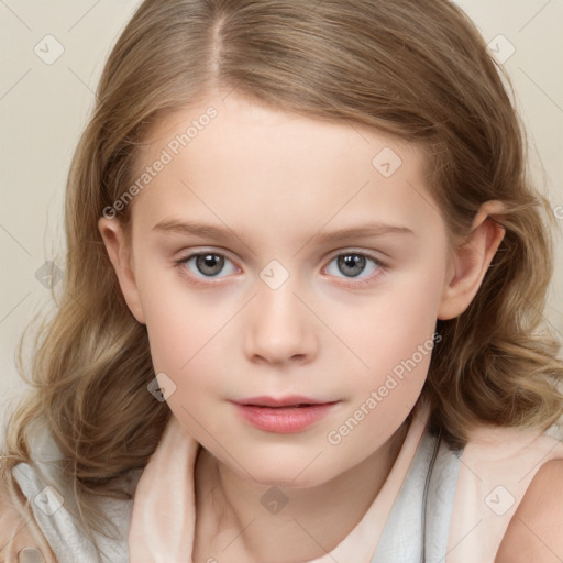 Neutral white child female with medium  brown hair and grey eyes