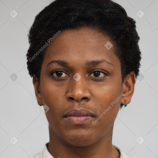 Neutral black young-adult female with short  black hair and brown eyes