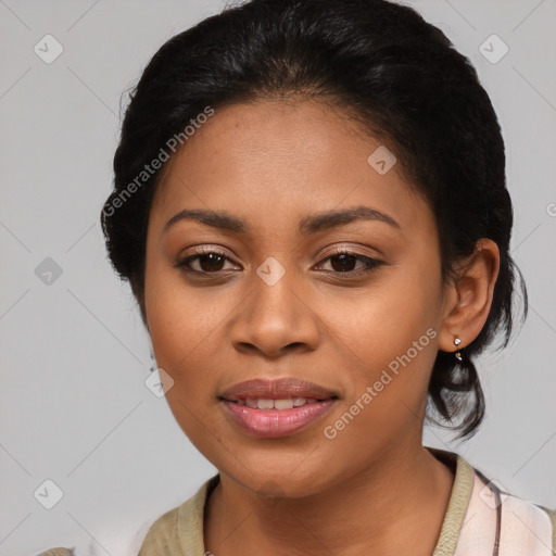 Joyful latino young-adult female with medium  black hair and brown eyes