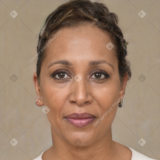 Joyful white adult female with short  brown hair and brown eyes