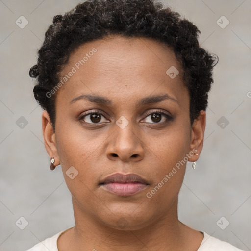 Neutral black young-adult female with short  brown hair and brown eyes