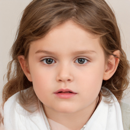 Neutral white child female with medium  brown hair and grey eyes