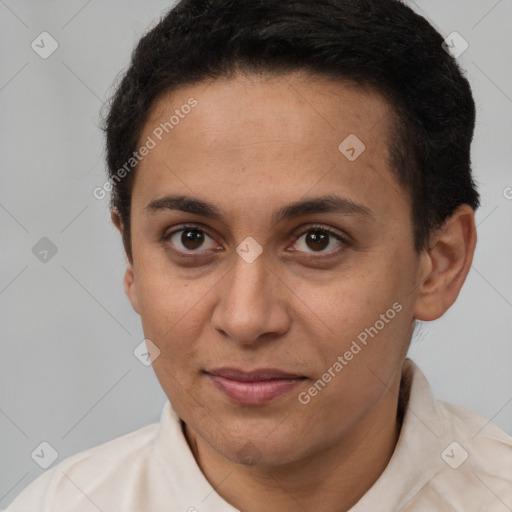 Joyful white young-adult female with short  brown hair and brown eyes