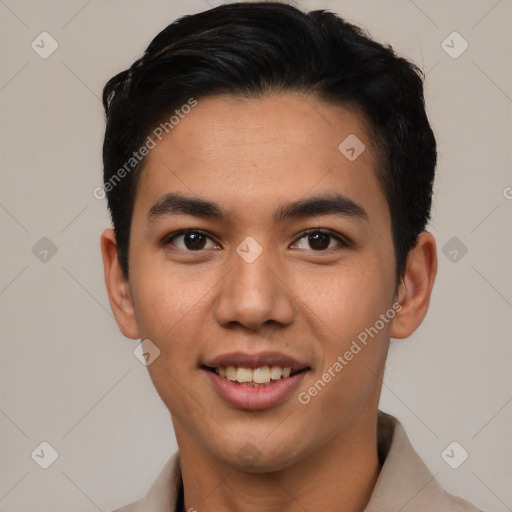 Joyful latino young-adult male with short  black hair and brown eyes