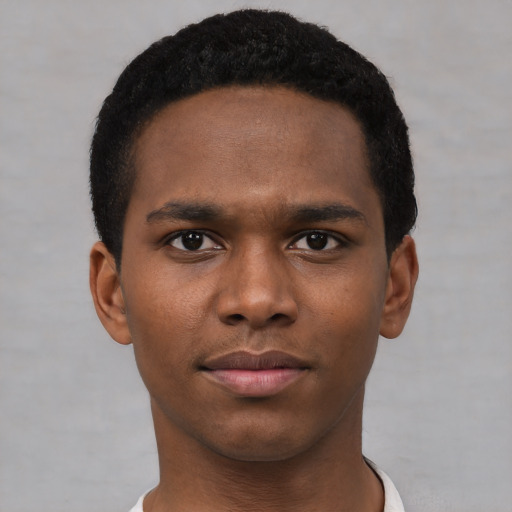 Neutral black young-adult male with short  black hair and brown eyes