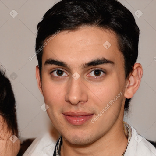 Joyful white young-adult male with medium  brown hair and brown eyes