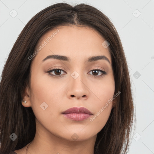 Neutral white young-adult female with long  brown hair and brown eyes