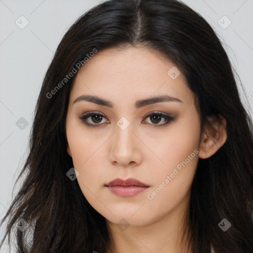 Neutral asian young-adult female with long  black hair and brown eyes