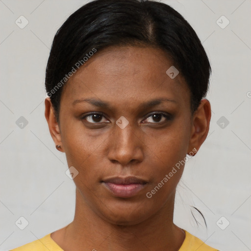 Neutral latino young-adult female with short  brown hair and brown eyes