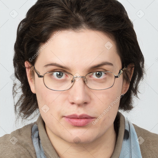 Neutral white adult female with medium  brown hair and grey eyes