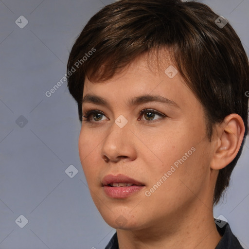 Neutral asian young-adult female with short  brown hair and brown eyes