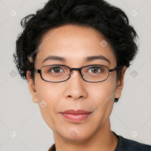 Joyful white adult female with medium  brown hair and brown eyes