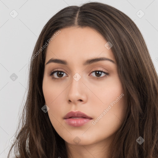 Neutral asian young-adult female with long  brown hair and brown eyes