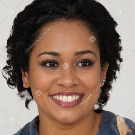 Joyful latino young-adult female with long  brown hair and brown eyes