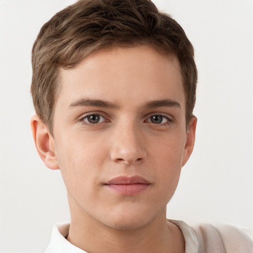 Neutral white young-adult male with short  brown hair and grey eyes