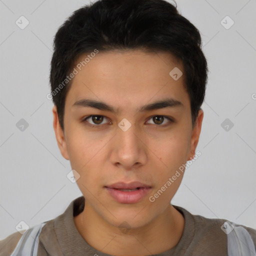 Neutral latino young-adult male with short  brown hair and brown eyes