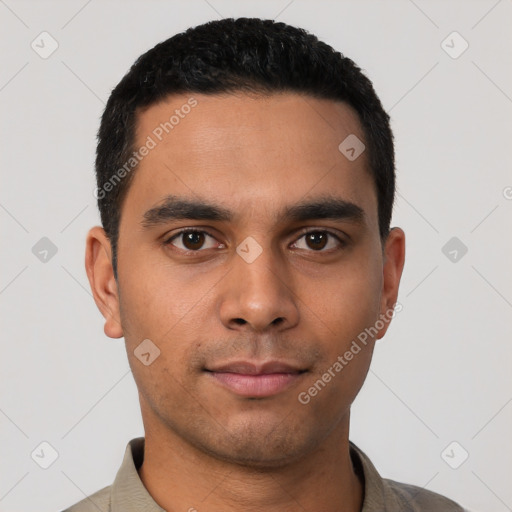 Neutral latino young-adult male with short  black hair and brown eyes
