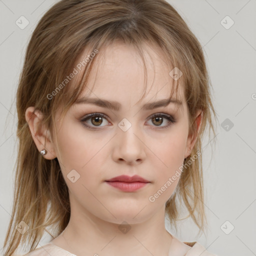 Neutral white young-adult female with medium  brown hair and grey eyes