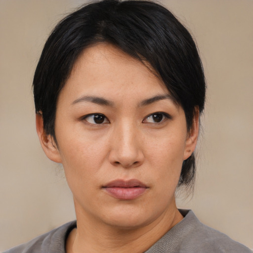 Neutral asian young-adult female with short  black hair and brown eyes