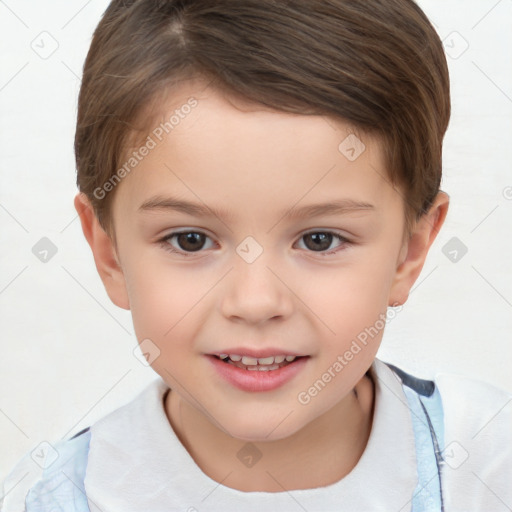 Joyful white child female with short  brown hair and brown eyes