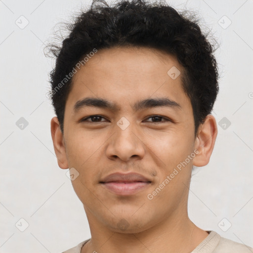 Neutral latino young-adult male with short  brown hair and brown eyes