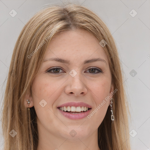 Joyful white young-adult female with long  brown hair and grey eyes