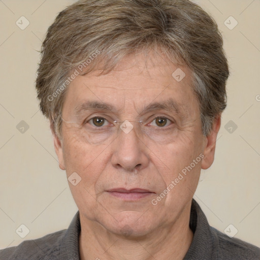 Joyful white middle-aged male with short  brown hair and brown eyes