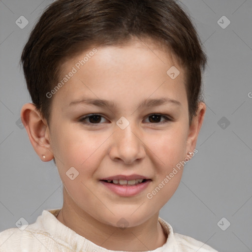 Joyful white child female with short  brown hair and brown eyes