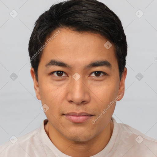 Neutral asian young-adult male with short  brown hair and brown eyes