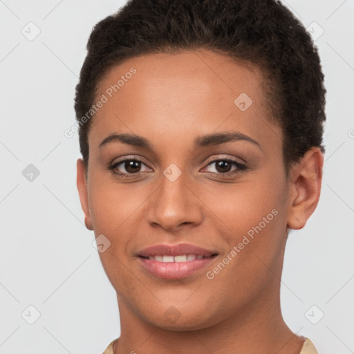 Joyful white young-adult female with short  brown hair and brown eyes