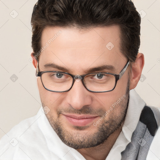 Joyful white young-adult male with short  brown hair and brown eyes