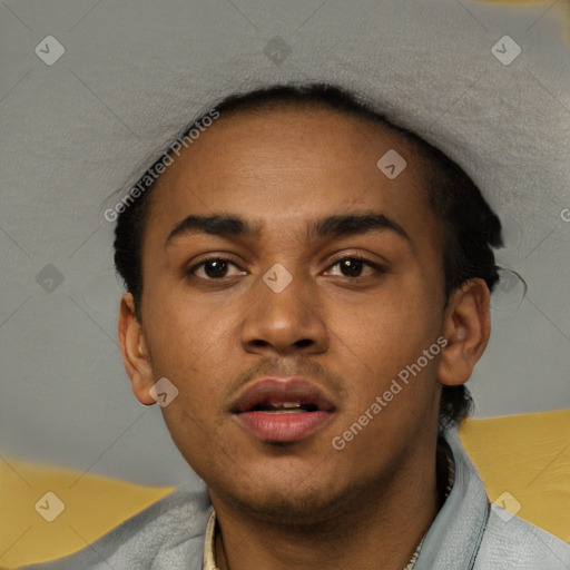 Neutral white young-adult male with short  black hair and brown eyes
