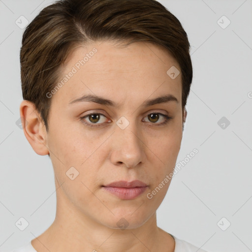 Neutral white young-adult female with short  brown hair and brown eyes